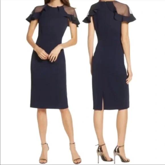 Eliza J Ruffle Shoulder Cocktail Dress Navy Scuba Crepe Wedding Evening Party - Picture 5 of 14